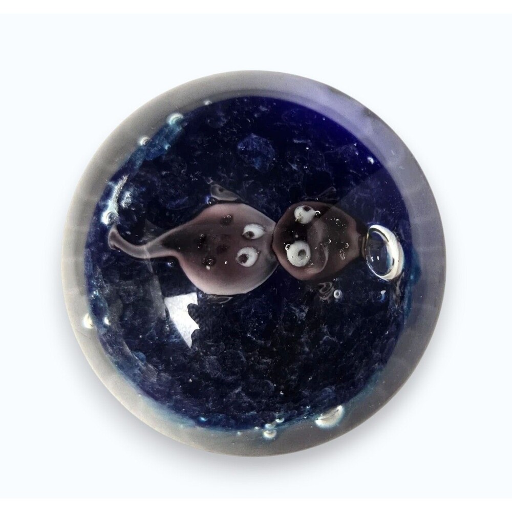 Vintage Art Glass Tadpole Fish Paperweight Controlled Bubble Cobalt Blue Ocean